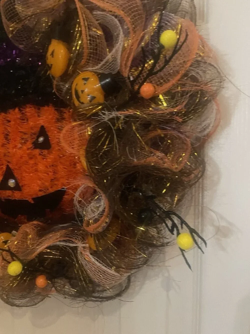 Halloween Deco Mesh Wreath Handmade Pumpkin, Purple Orange  Wall Decor Door 18”